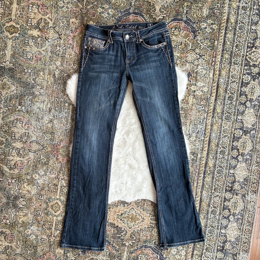LA Idol USA Women Dark Wash Rhinestone Bootcut Jeans Size 9 31x34 Low Rise